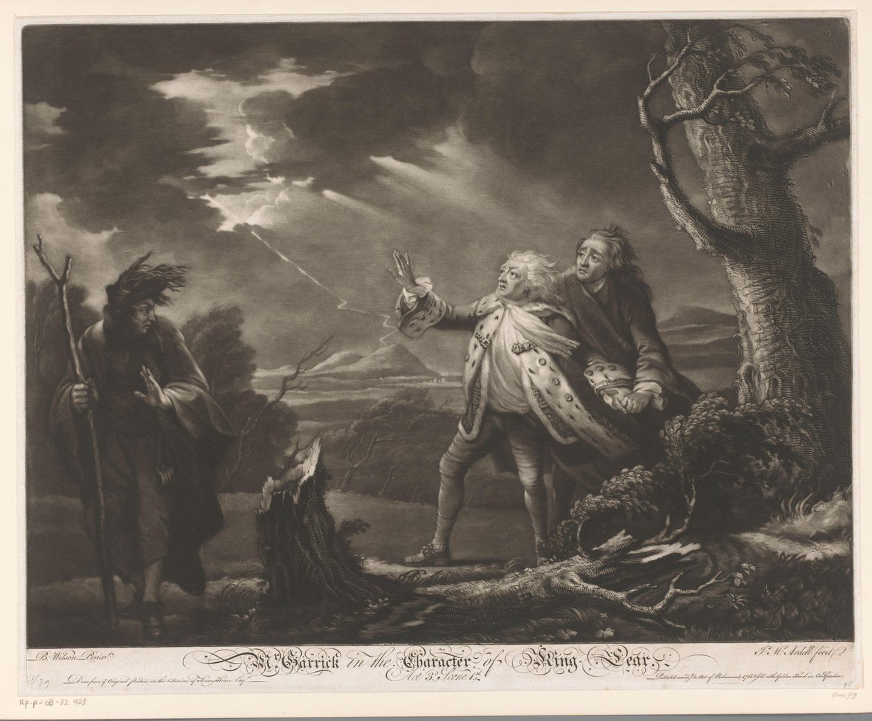 David Garrick som kong Lear med jarlen af ​​Kent og Edgar forklædt som Tom i et stormfuldt landskab Hr. Garrick i King Lears karakter (titel på objekt) af James McArdell