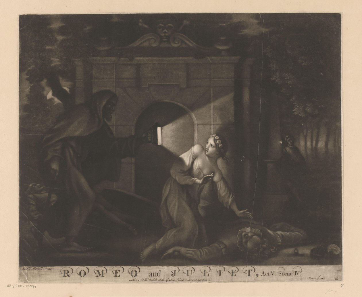 Julie knæler ved Romeos krop og ser på en munk med en lanterne Romeo og Julie, Akt V. Scene IV. (titel på objekt) af James McArdell