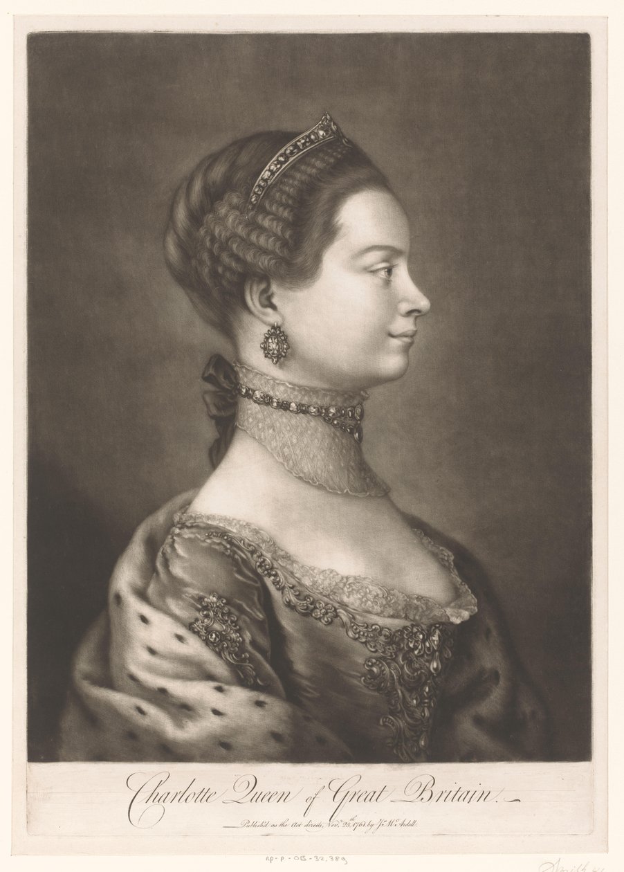 Portret af Charlotte van Mecklenburg Charlotte Queen of Great Britain (titel på objekt) af James McArdell