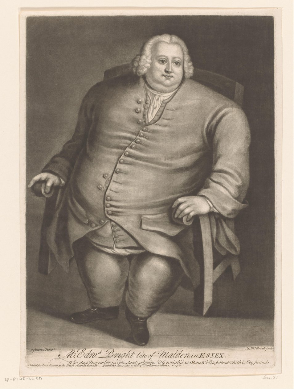 Portret af Edward Bright Hr. Edwd. Bright late af Malden i Essex (titel på objekt) af James McArdell