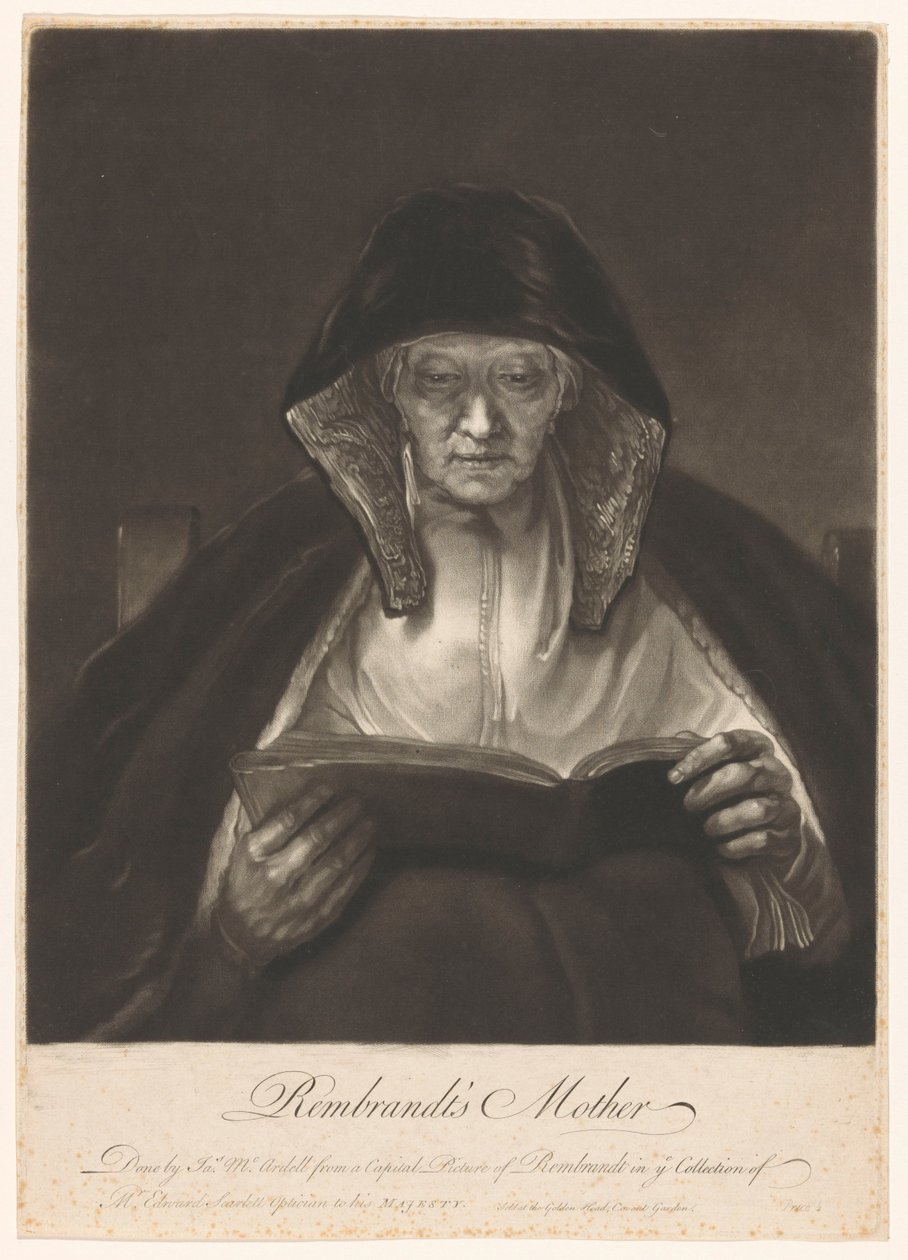 Portræt af en gammel kvinde, der læser Rembrandts mor (titel på objekt) af James McArdell