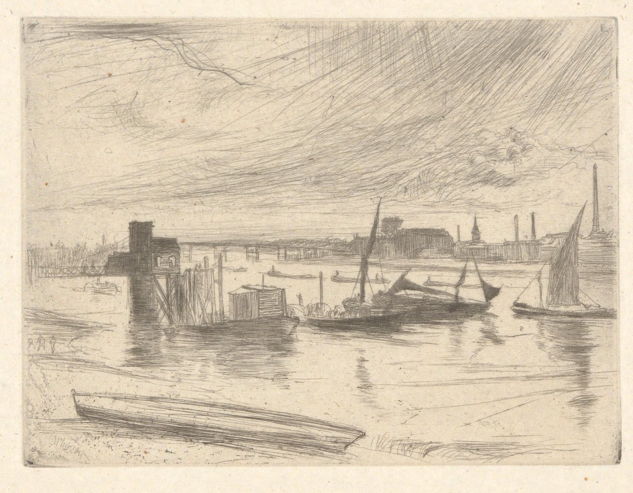 Battersea Dawn (Cadogan Pier), fra Thames Set (En serie af seksten ætsninger af scener på Themsen og andre emner) af James Abbott McNeill Whistler