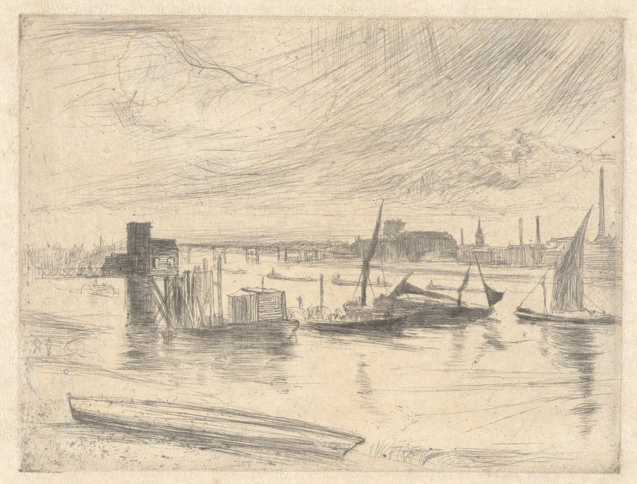 Daggry i Battersea (Cadogan Pier), fra Themsen-sættet (en serie på seksten raderinger af scener ved Themsen og andre motiver) af James McNeill Whistler