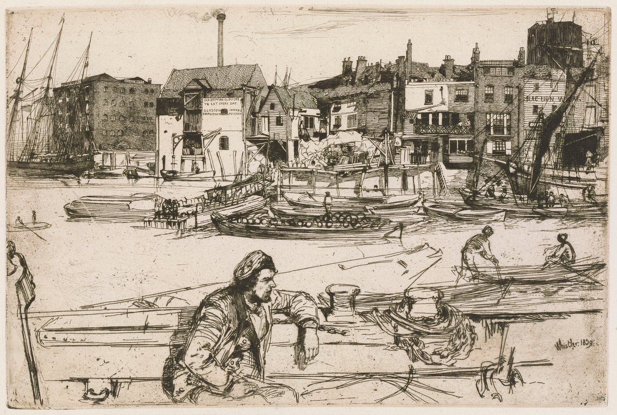 Black Lion Wharf, fra Thames-sættet (en serie af seksten raderinger af scener på Themsen og andre emner) af James Abbott McNeill Whistler