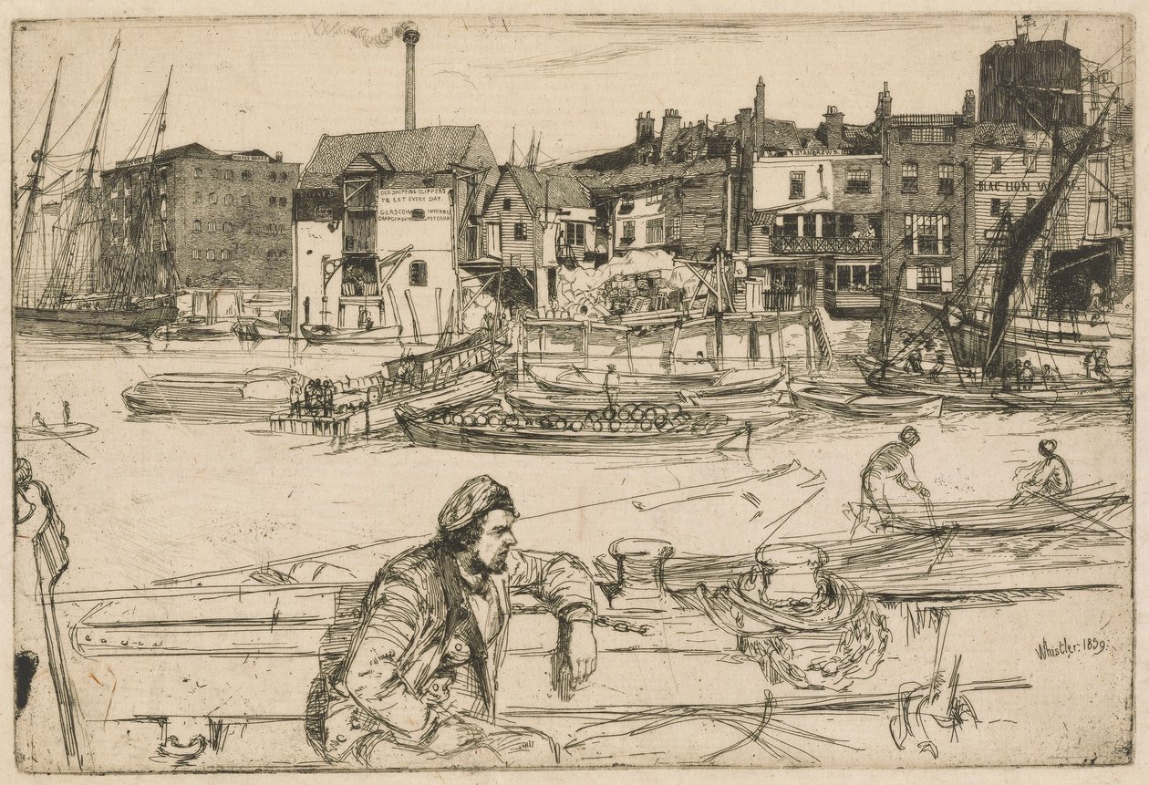 Black Lion Wharf, fra Thames-sættet (en serie af seksten ætsninger af scener på Themsen og andre emner) af James Abbott McNeill Whistler