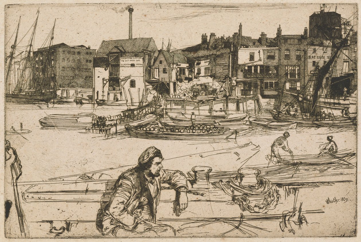 Black Lion Wharf, fra Thames-sættet (en serie af seksten ætsninger af scener på Themsen og andre emner) af James Abbott McNeill Whistler