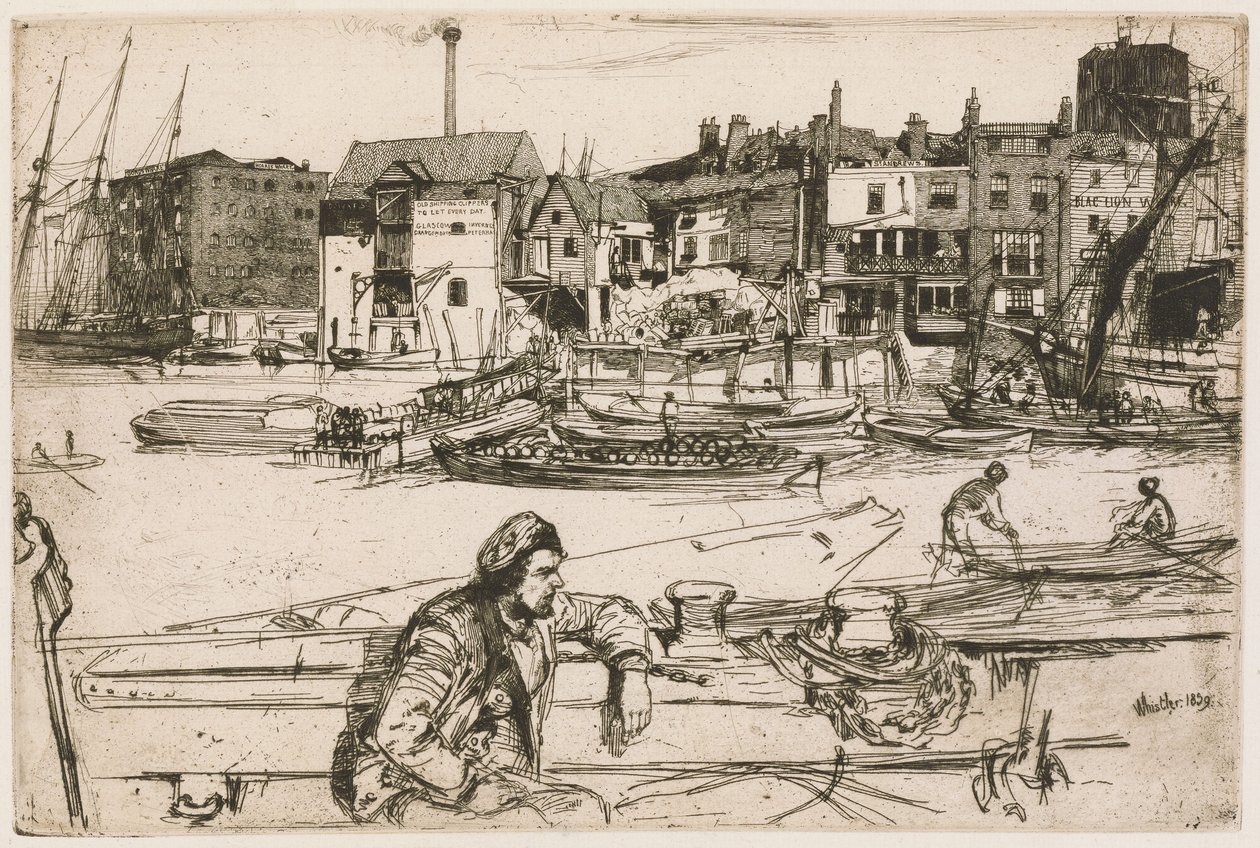 Black Lion Wharf, fra serien »Thames Set« (En serie på seksten raderinger af motiver fra Themsen og andre emner) af James McNeill Whistler