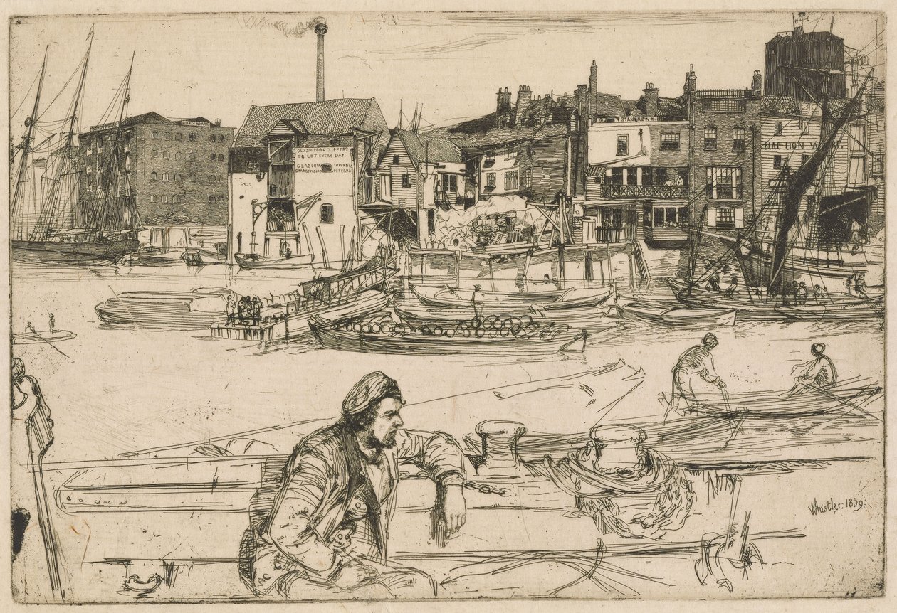 Black Lion Wharf, fra Themsen-sættet (En serie på seksten raderinger med scener fra Themsen og andre motiver) af James McNeill Whistler