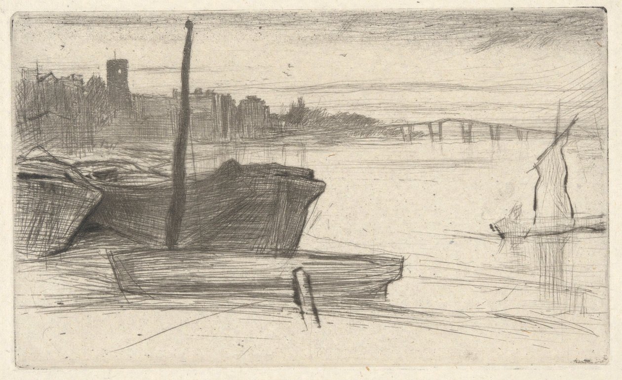 Chelsea Bridge and Church, from the Thames Set (En serie af seksten raderinger af scener på Themsen og andre emner) af James Abbott McNeill Whistler