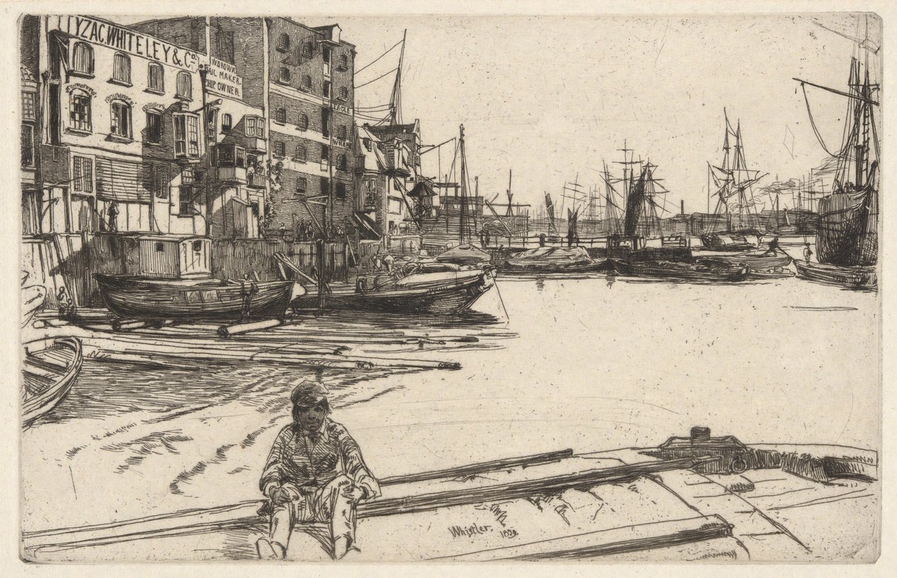 Eagle Wharf (Tyzac, Whiteley & Co.), fra Thames-sættet (en serie af seksten ætsninger af scener på Themsen og andre emner) af James Abbott McNeill Whistler