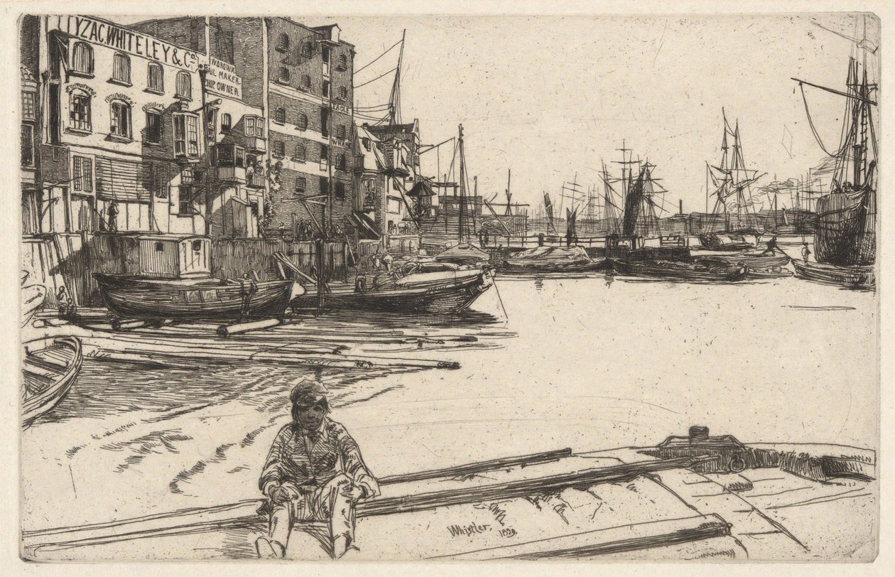 Eagle Wharf (Tyzac, Whiteley & Co.), fra Themsen-serien (En serie på seksten raderinger med scener fra Themsen og andre motiver) af James McNeill Whistler