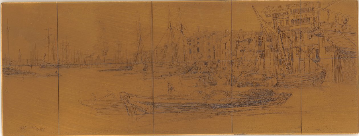 Ætseplade: Thames Warehouses af James Abbott McNeill Whistler