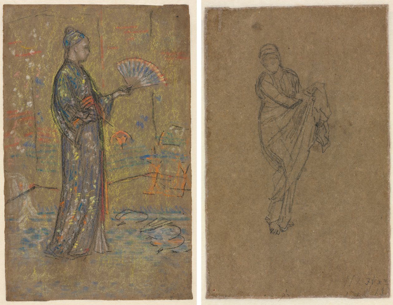 Japansk kvinde maler en vifte (recto); stående kvinde løfter sin kjole (verso) af James McNeill Whistler