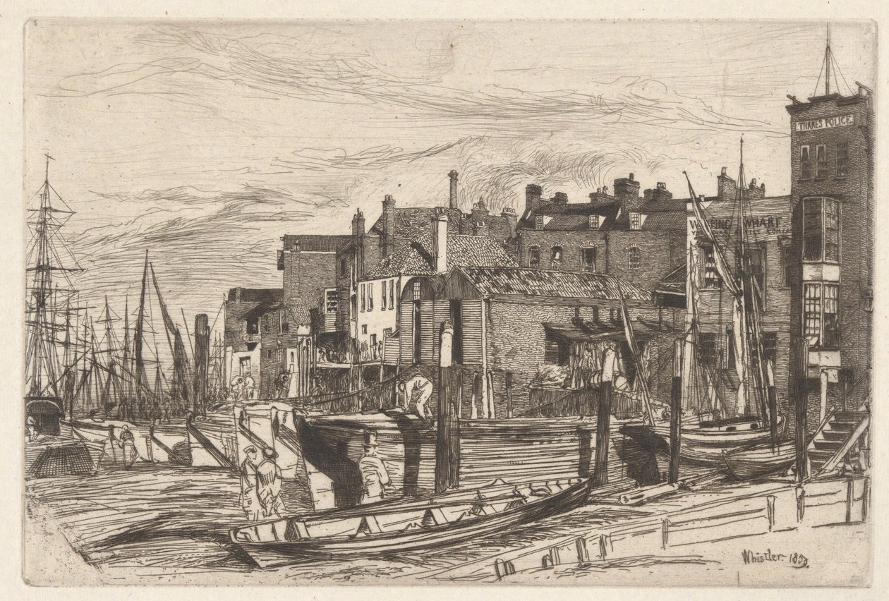 Thames Police (Wapping Wharf), fra Thames Set (En serie af seksten ætsninger af scener på Themsen og andre emner) af James Abbott McNeill Whistler