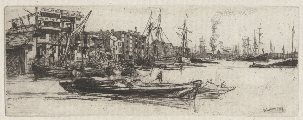 Pakhus ved Themsen, fra Themsen-serien (En serie på seksten raderinger med scener fra Themsen og andre motiver) af James McNeill Whistler