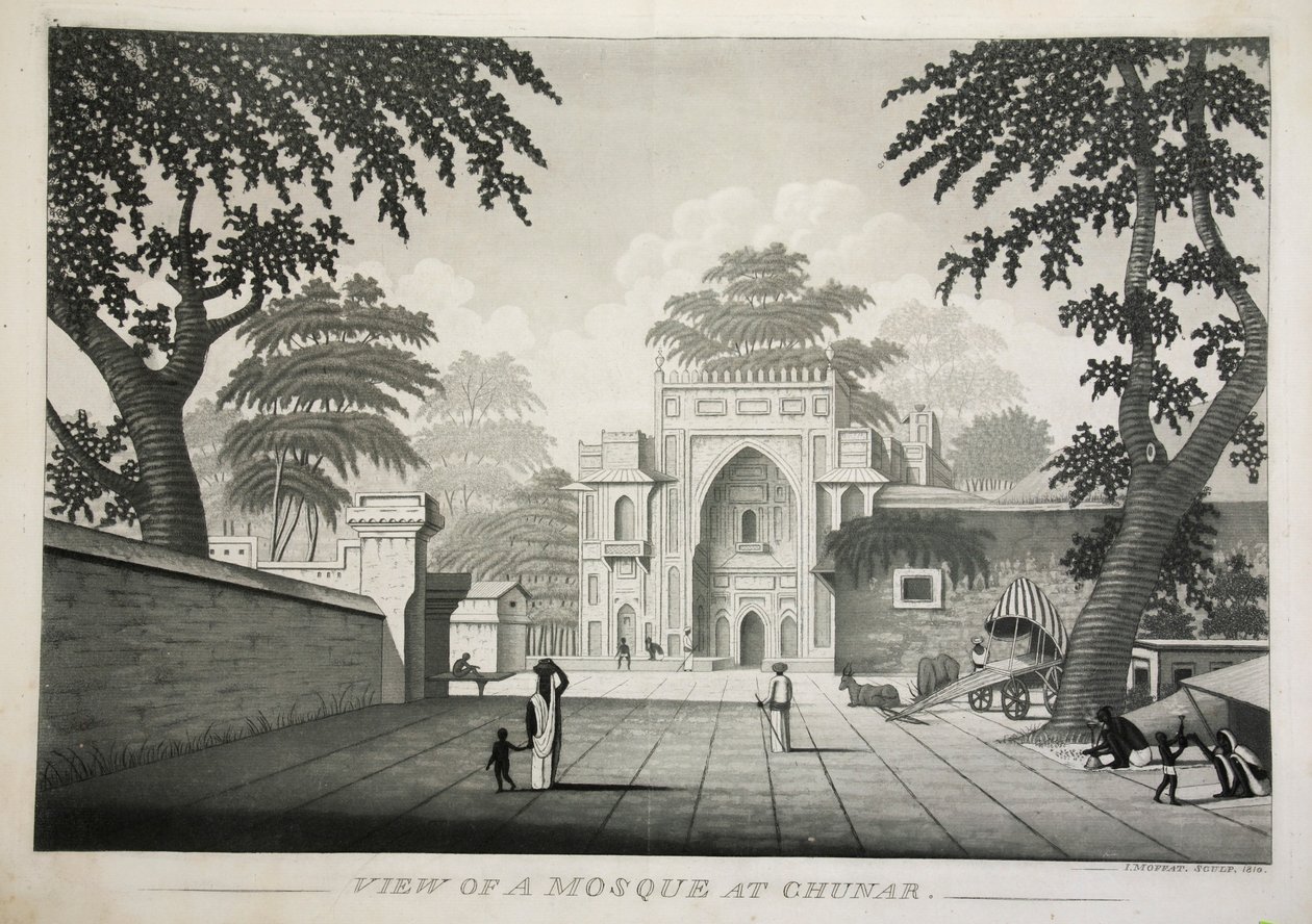 Udsigt over en moske ved Chunar, pub. 1810 gravering. af James Moffat