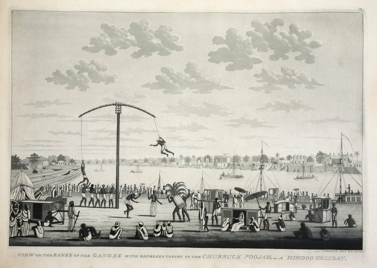 Udsigt på Banks of the Ganges med repræsentation af Churruck Poojah …, pub. 1810 gravering. af James Moffat