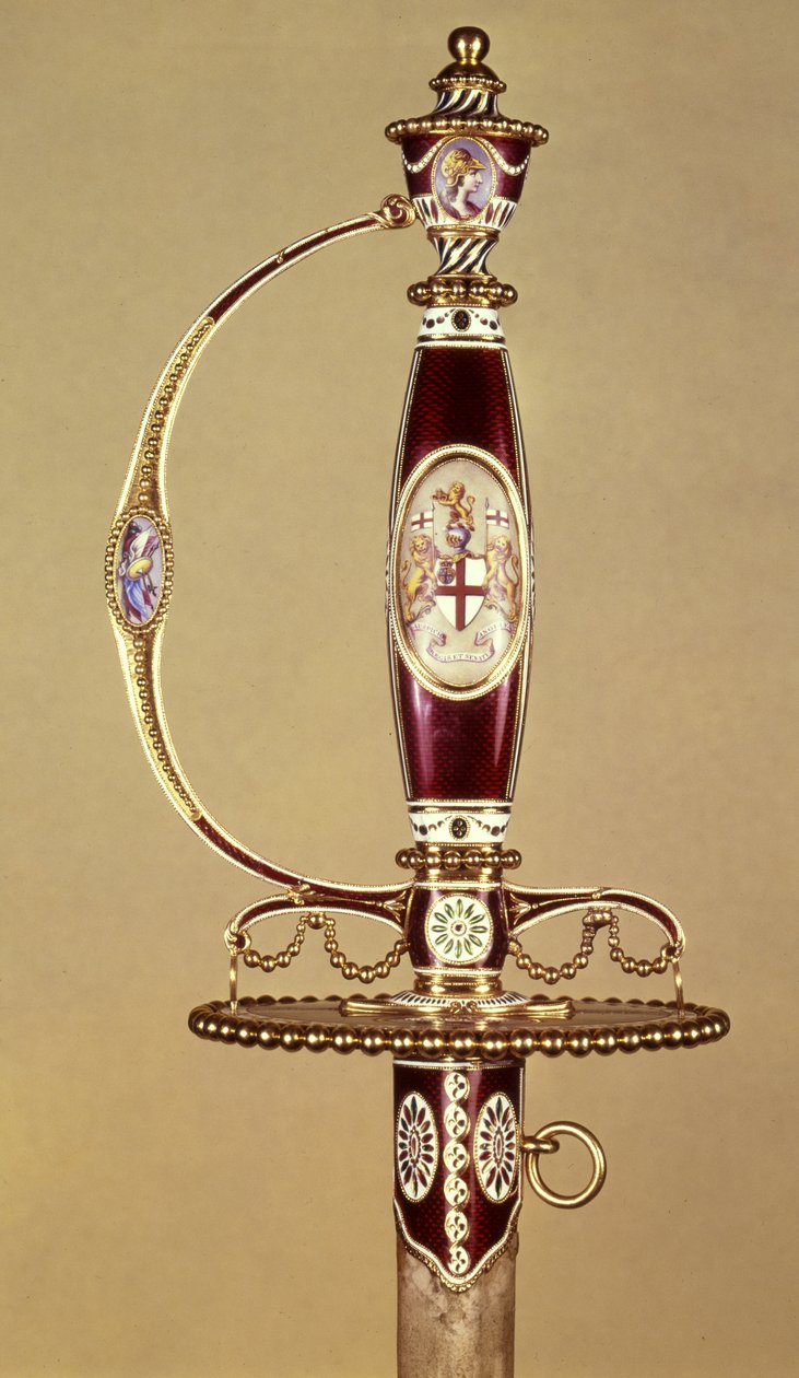 Skæftet af et sværd overrakt til oberst James Hartley (1745-99) af East India Company, sat af James Morisset (c.1766-c.1800) c.1780 (guld og emalje) af James Morisset