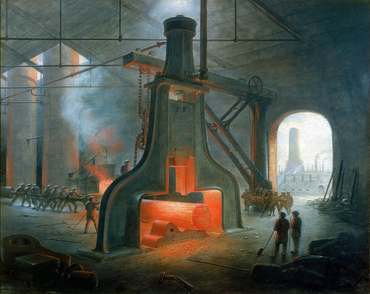 James Nasmyths damphammer rejst i hans støberi nær Manchester i 1832 af James Nasmyth