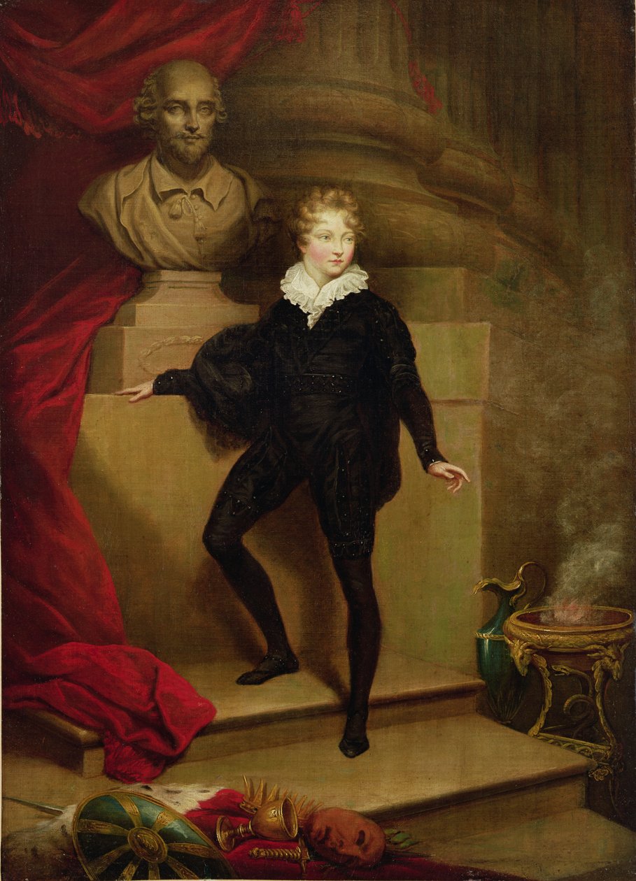 Mester Betty som Hamlet foran en buste af Shakespeare, ca.1804-06 af James Northcote