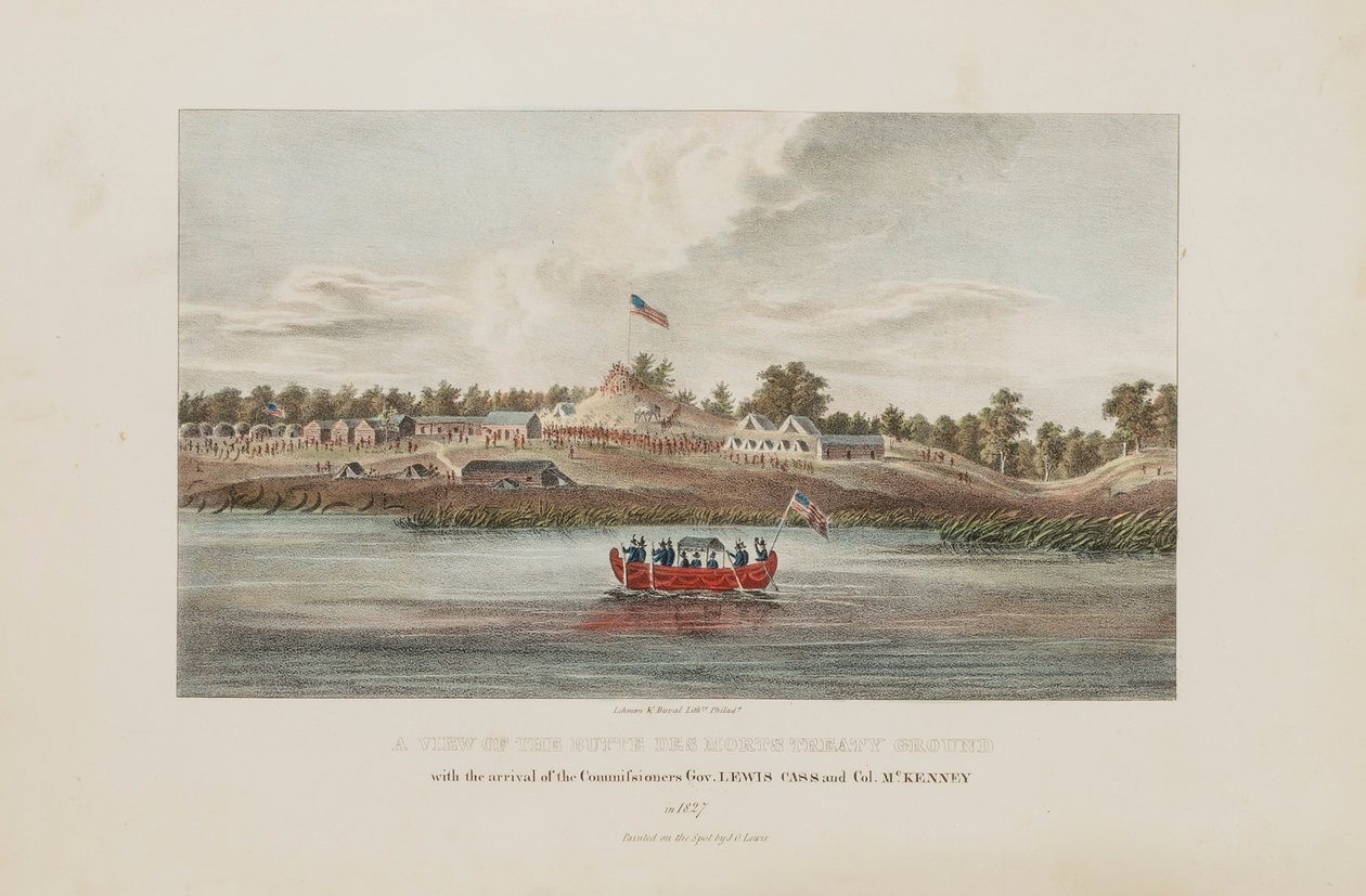 En udsigt over Butte Des Morts Treaty Ground; med ankomsten af kommissærerne Gov. Lewis Cass og Col. McKenny, fra The Aboriginal Portfolio af James Otto Lewis