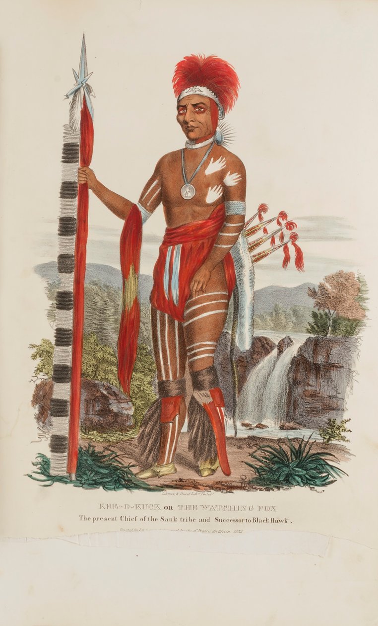KEE-O-KUCK eller The Watching Fox; Den nuværende høvding for Sauli-stammen og efterfølgeren til Black Hawk, fra The Aboriginal Portfolio af James Otto Lewis