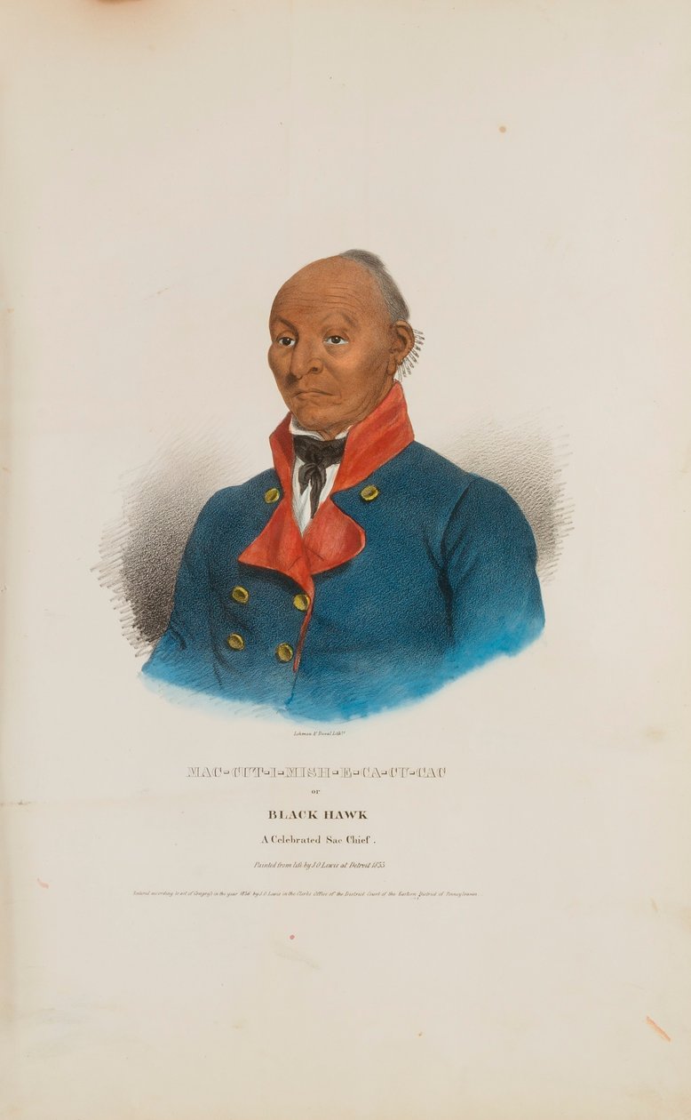 MAC-CUT-I-MISH-E-CA-CU-CAC eller Black Hawk; en berømt Sac-høvding, fra The Aboriginal Portfolio af James Otto Lewis