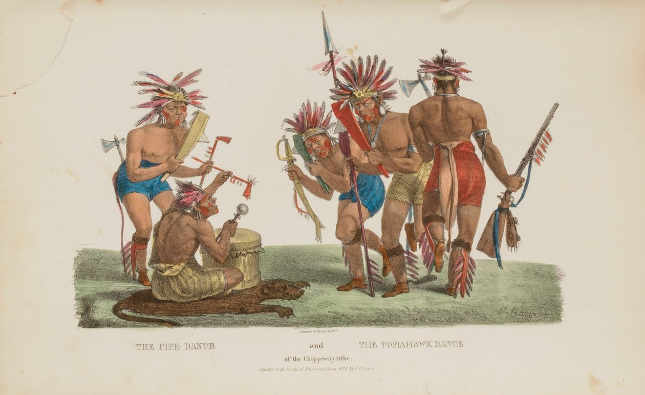 Chippeway-stammens pipedans og tomahawk-dans, fra The Aboriginal Portfolio af James Otto Lewis
