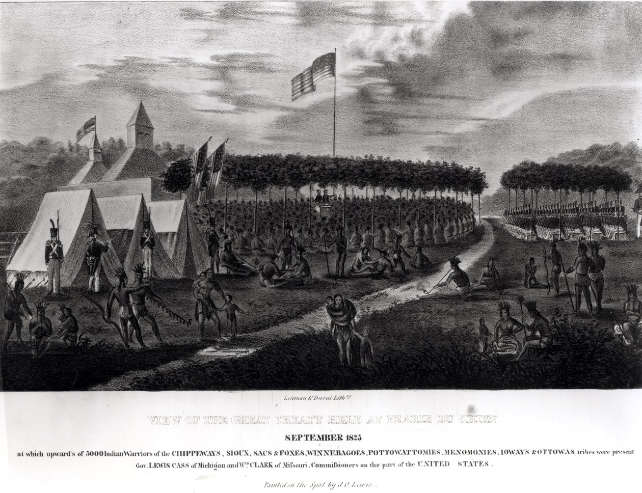Udsigt til den store traktat, der blev afholdt i Prairie du Chien, Wisconsin, september 1825, fra "The Aboriginal Portfolio", 1825 af James Otto Lewis