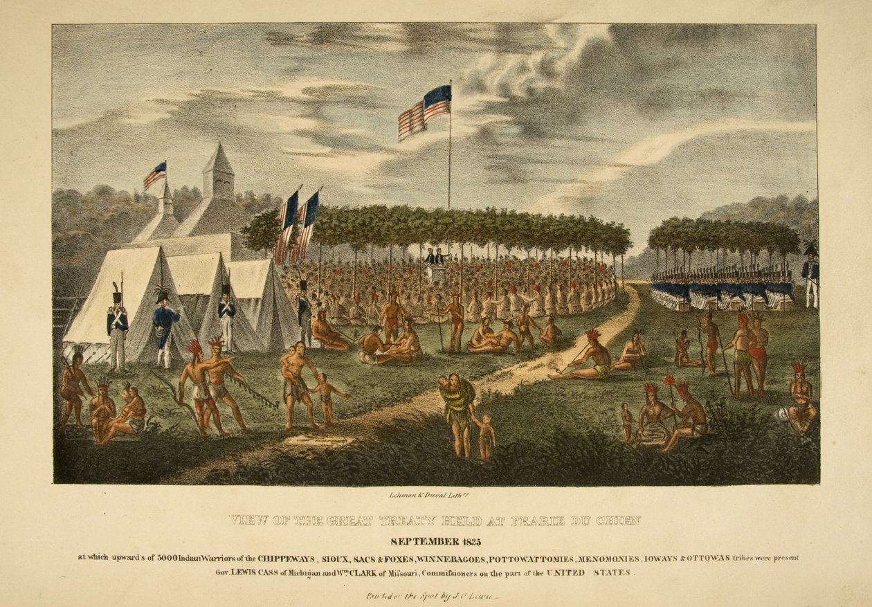Udsigt over den store traktat afholdt på Prairie du Chien, september 1825 af James Otto Lewis
