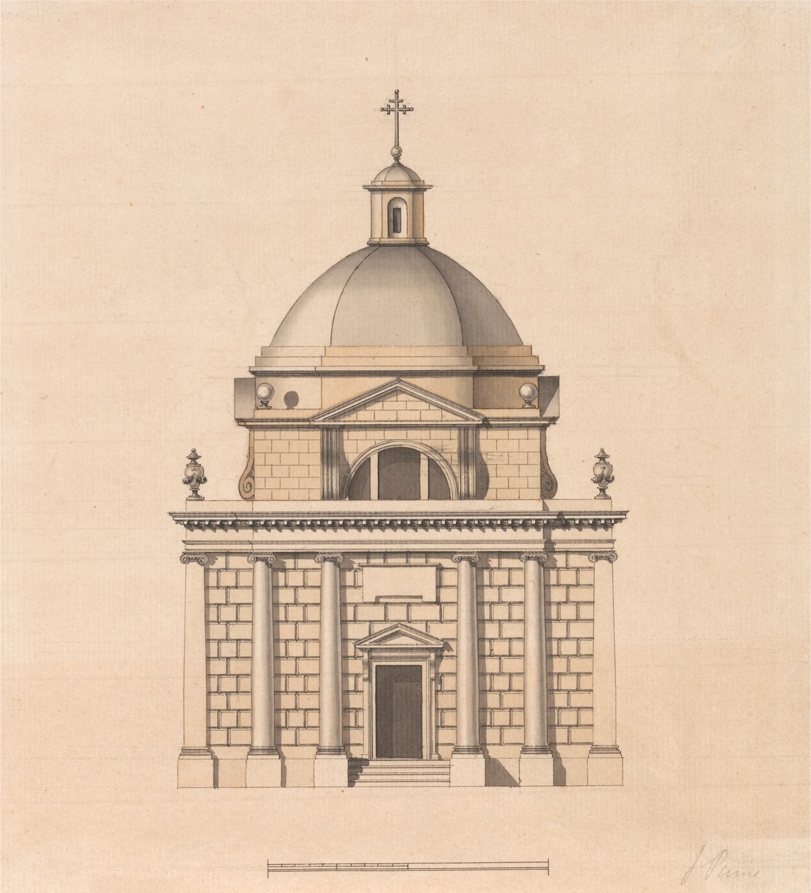 Design til et tempel på en kvadratisk plan og med en kuppel: elevation af James Paine