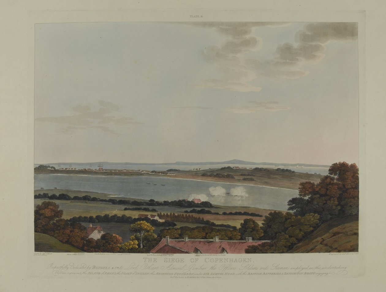 Danmark 1807: Belejringen af København, indgraveret af Robert Pollard (1792-1867) og Joseph Constantine Stadler (1780-1812) udgivet i 1807 (farvet akvatint) af James Pattison Cockburn