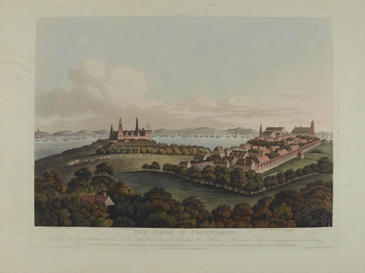 Danmark 1807: Belejringen af København, indgraveret af Robert Pollard (1792-1867) og Joseph Constantine Stadler (1780-1812) udgivet i 1807 (farvet akvatint) af James Pattison Cockburn