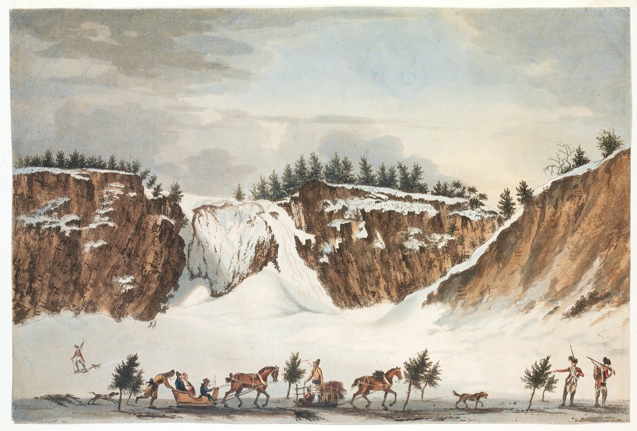 En vinterudsigt over Montmorenci-faldene fra vejen på isen foran den, taget 12. april 1781, indgraveret af John Wells af James Peachey
