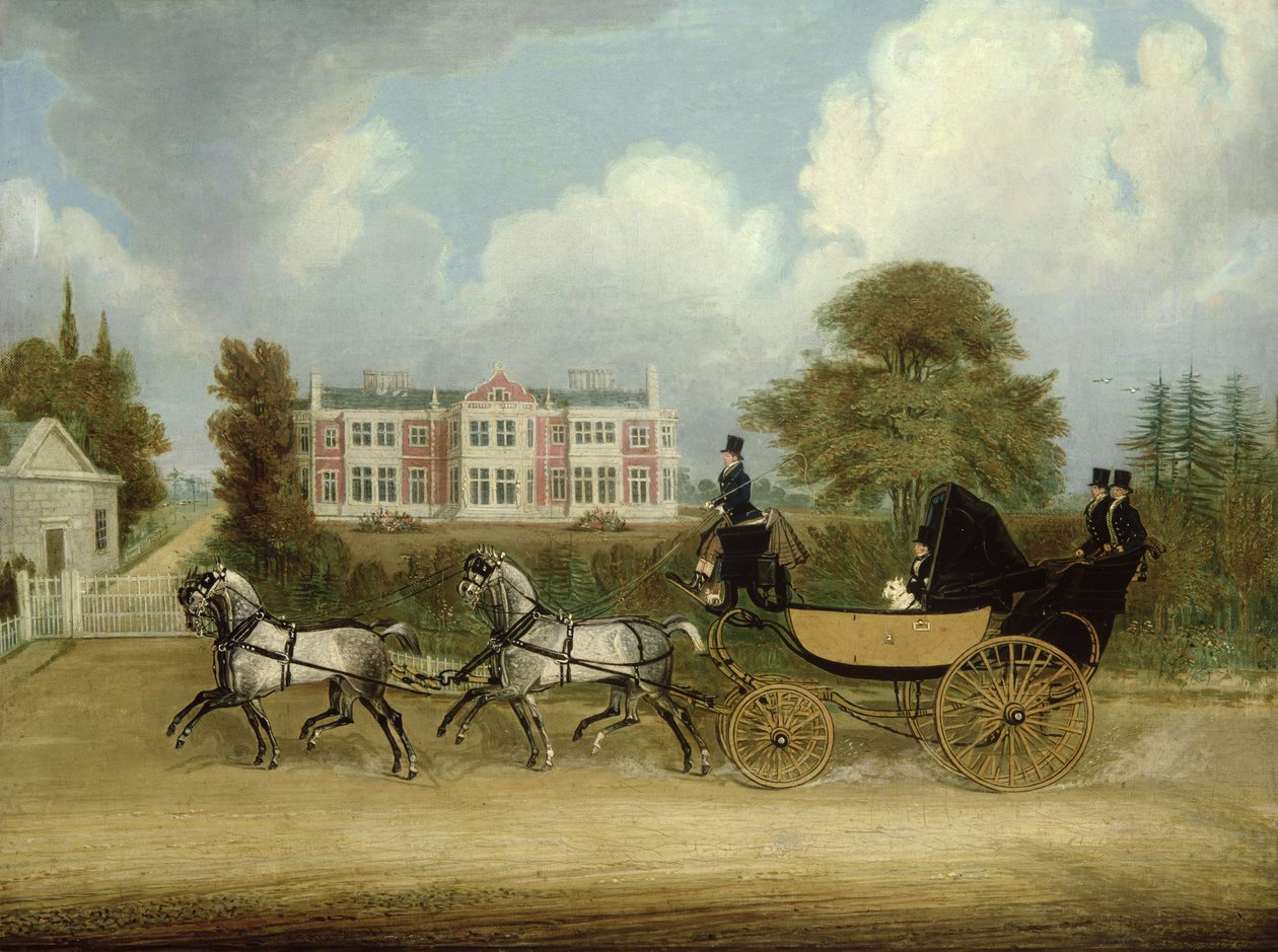 En Barouche tegnet af Four Greys, der passerer et Jacobean Mansion af James Pollard