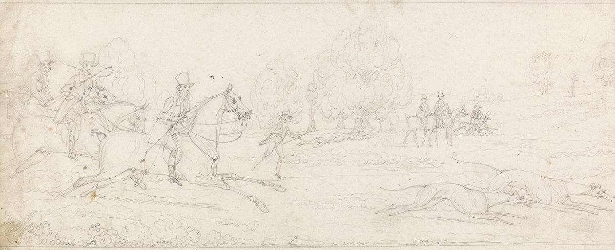 Coursing, en gruppe ryttere galopperende fra venstre efter et par greyhounds (grafit på papir) af James Pollard