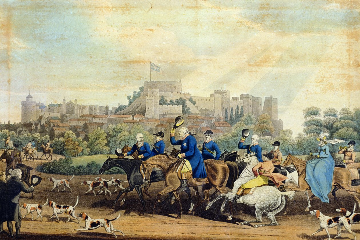 George III (1738-1820) vender tilbage fra jagt, indgraveret af M. Dubourg, 1820 (akvatint) af James Pollard