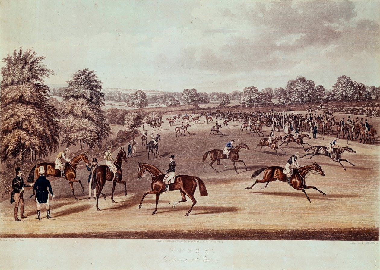 Hestevæddeløb ved Epsom før afgang Illustration af James Pollard (1792-1867) 1800-tallets privatsamling af James Pollard