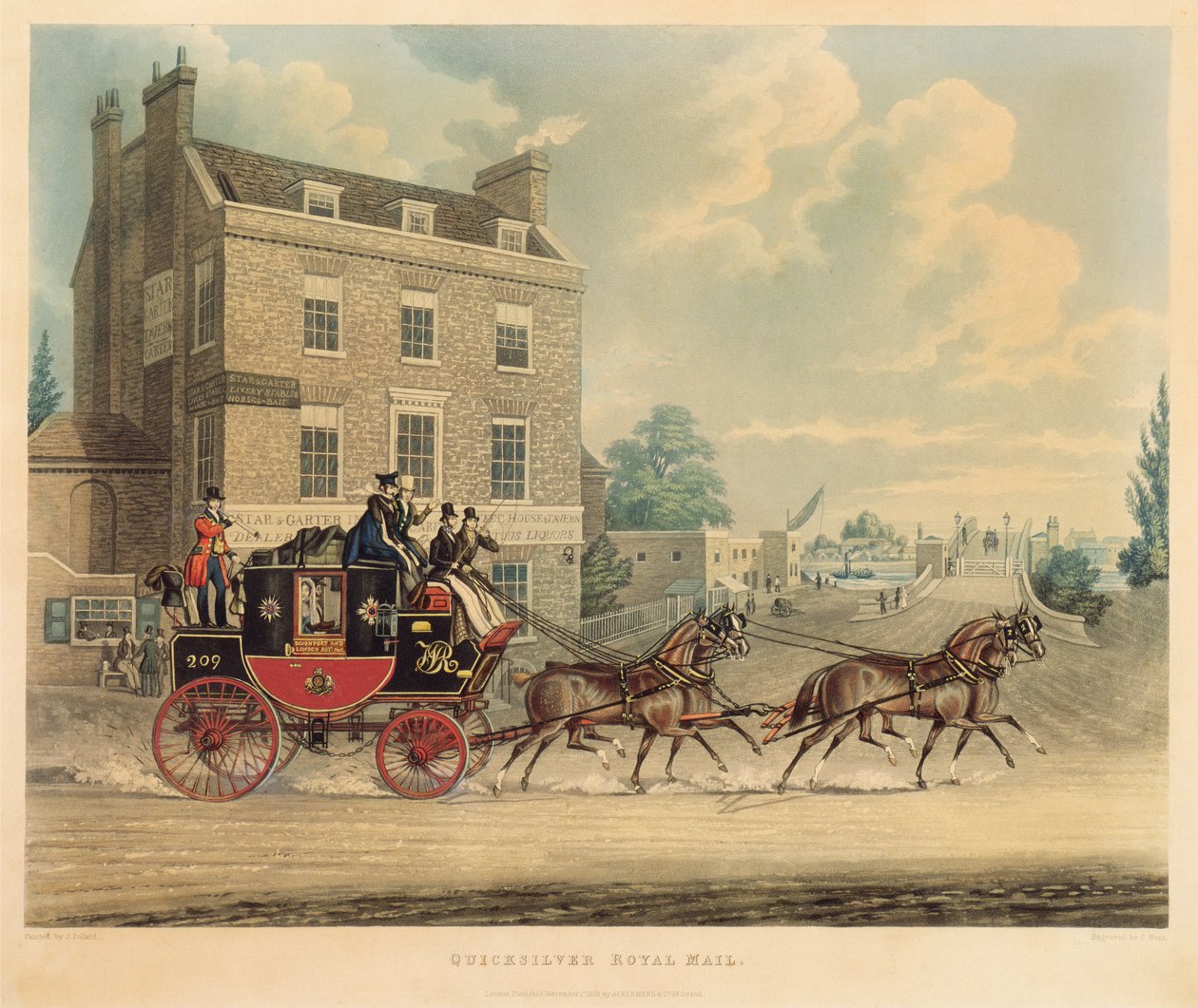 Quicksilver Royal Mail passerer stjernen og strømpebåndet ved Kew Bridge, 1835 af James Pollard