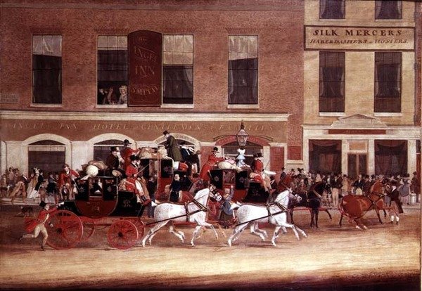 Royal Mail Coaches forlader Angel Inn af James Pollard