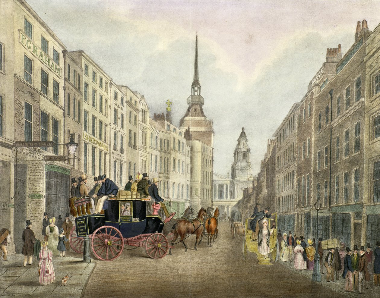 Cambridge-træneren forlader Belle Sauvage Yard, Ludgate Hill af James Pollard