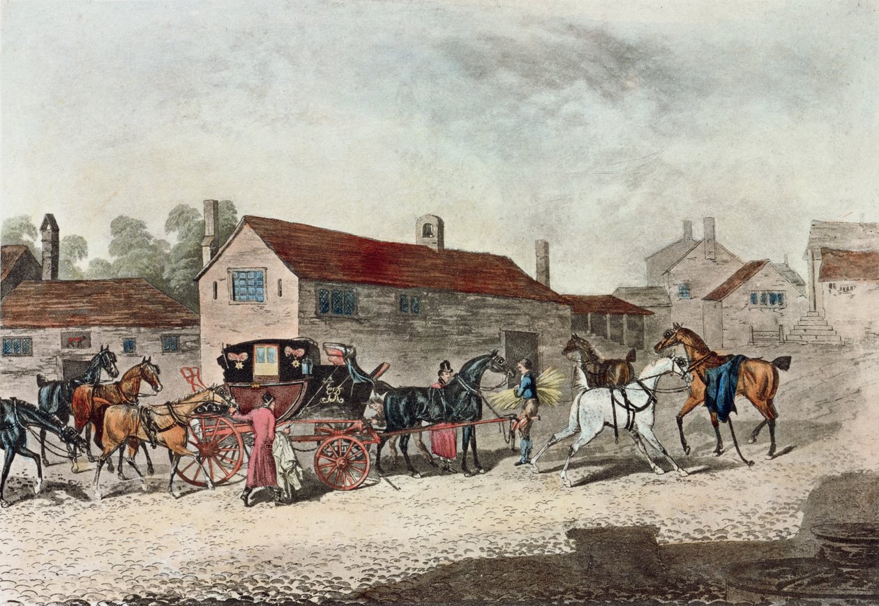 The Mail Coach Changing Horses, graveret af R. Havell, 1815 af James Pollard