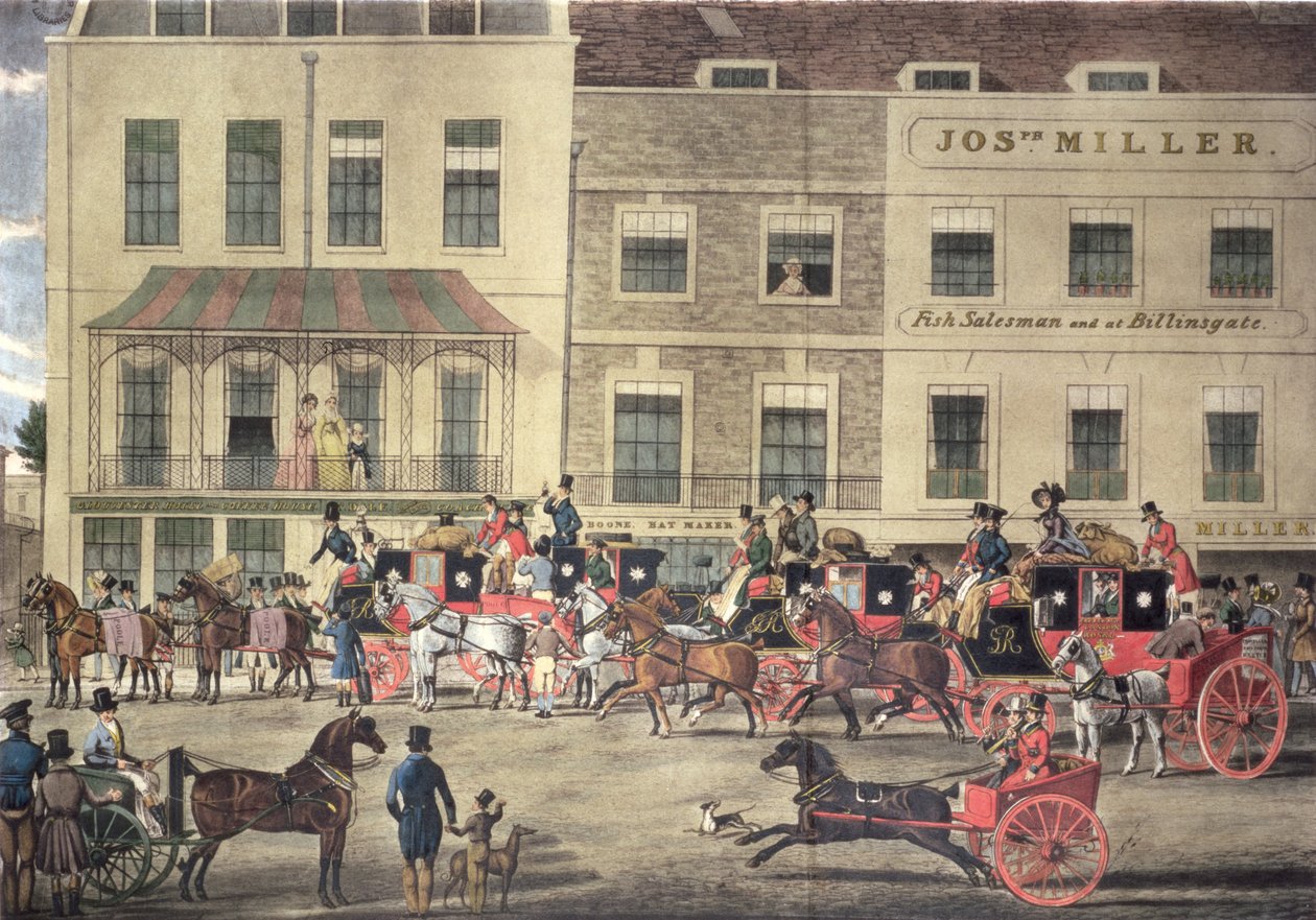West Country Mails på Gloucester Coffee House, Piccadilly, indgraveret af C. Rosenberg, 1828 af James Pollard