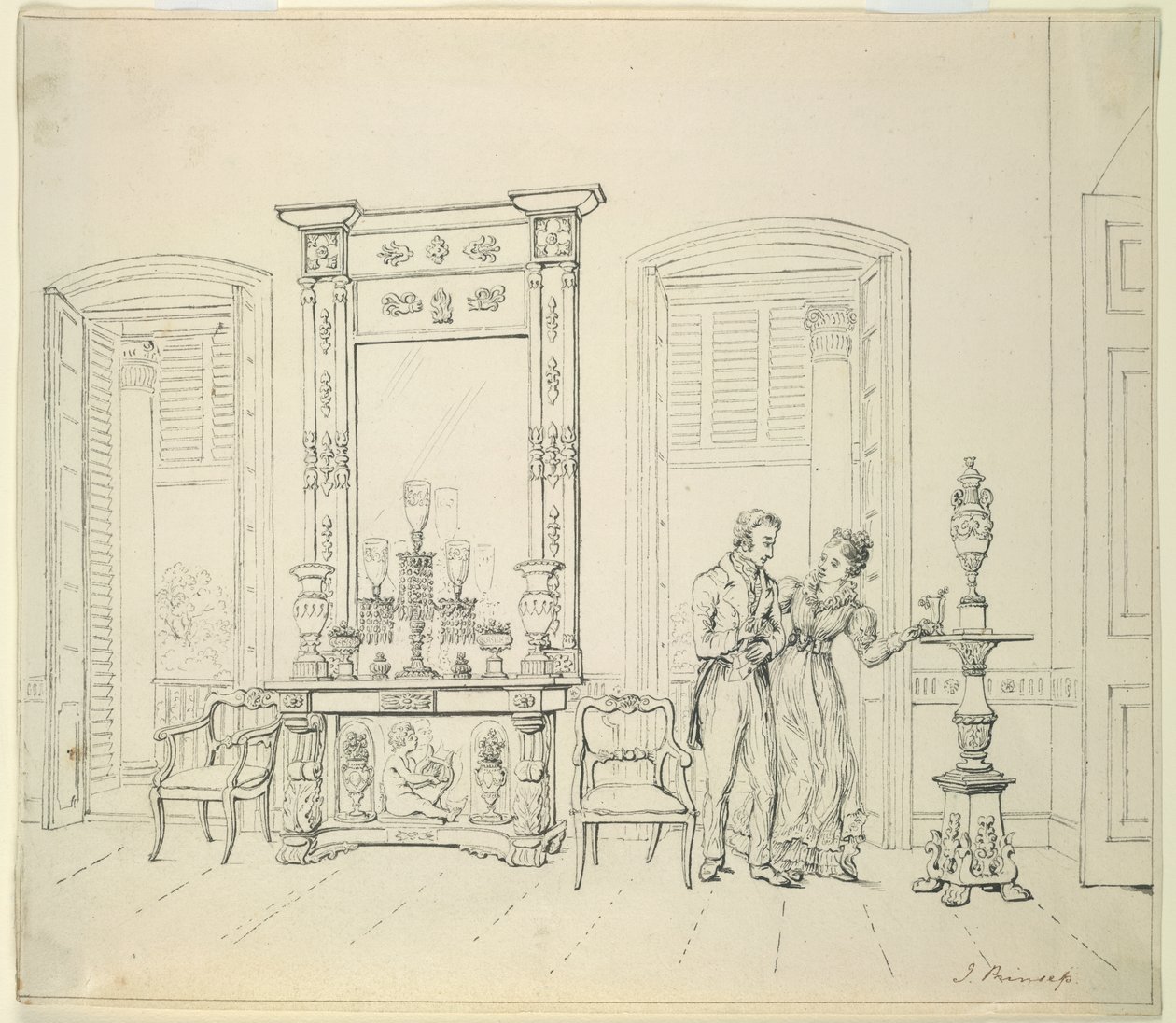 En engelsk dame og herre i en tegnestue, Calcutta, ca. 1830 af James Prinsep