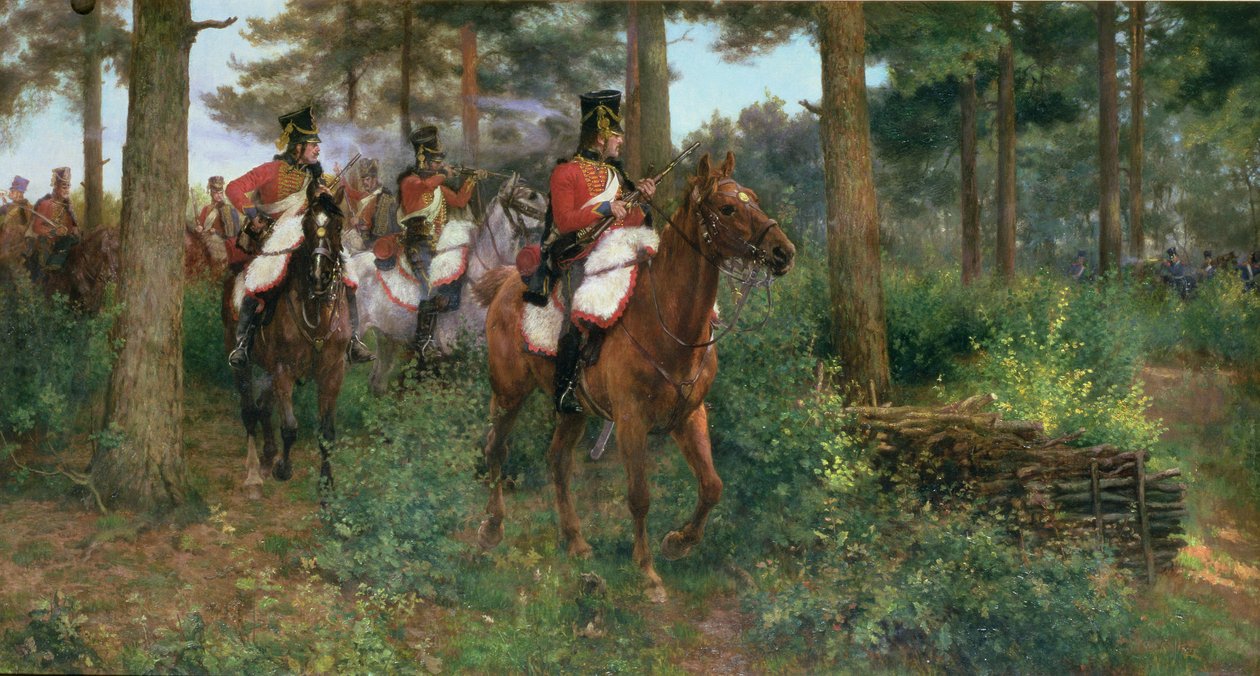 An Affair of Outposts, the 9th Hussars of Napoleons 1st Army 1806 (olie på lærred) af James Prinsep Beadle