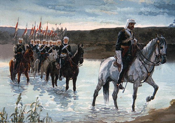 Den 17. Lancer på march i det centrale Indien i 1858 (farve litho) af James Prinsep Beadle