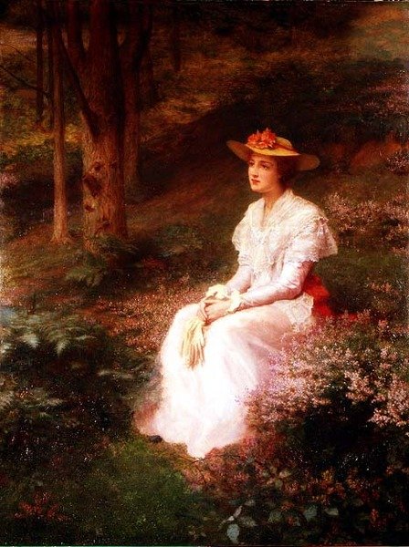 Elegant dame sidder i skove af James R. Lee