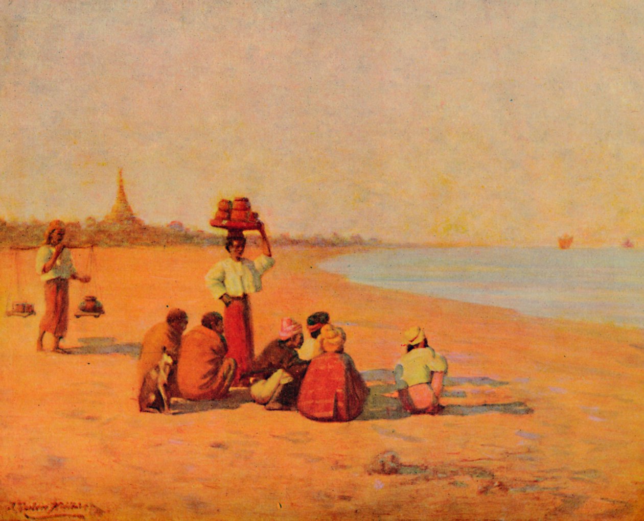 On the Banks of the Irrawaddy - Waiting for the Steamer, 1913 af James Raeburn Middleton
