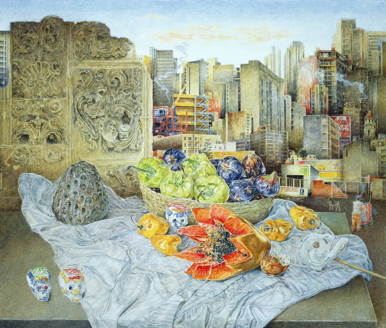 Stilleben med papaya og bylandskab, 2000 af James Reeve