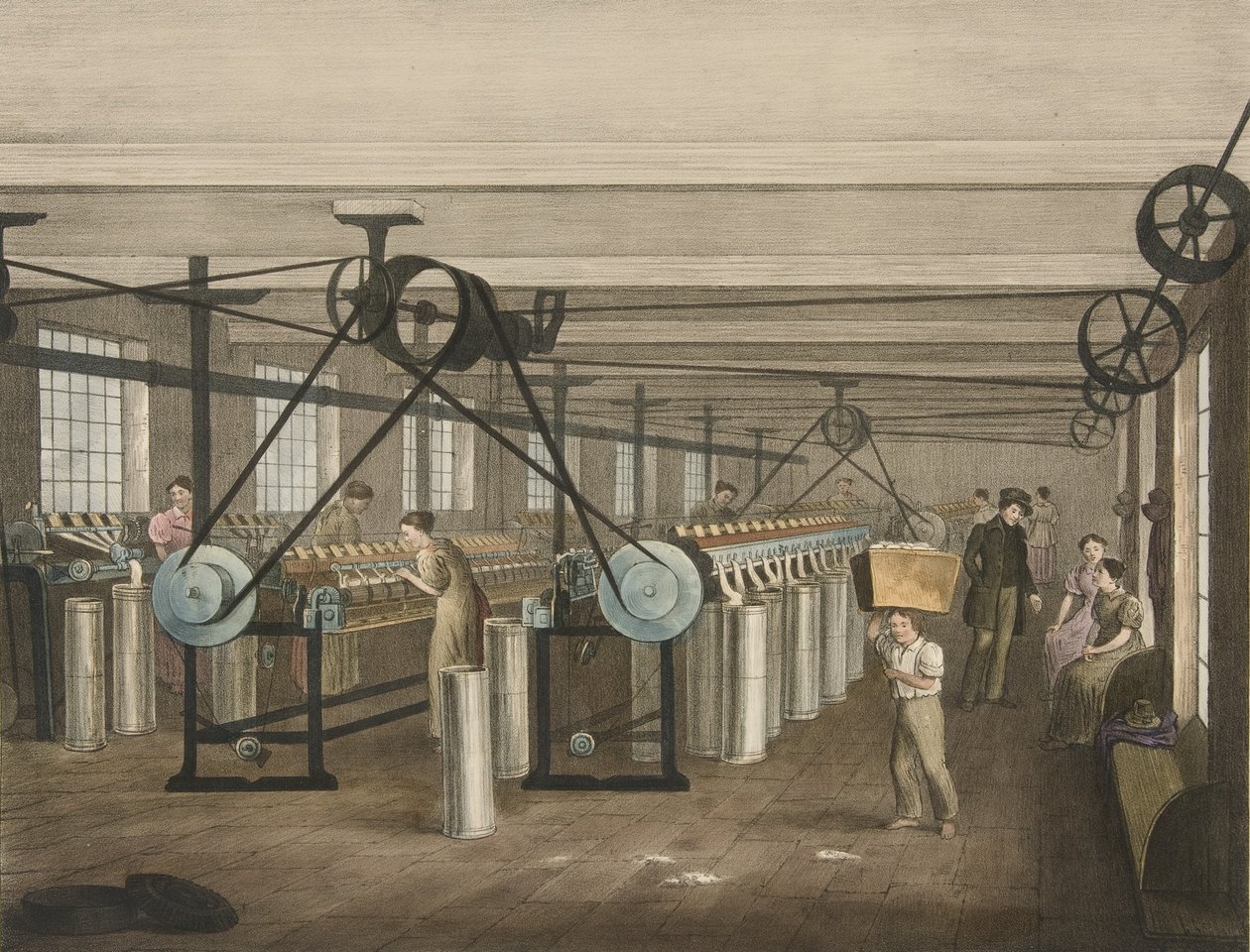 Spole og tegnerammer, Progress of Cotton nr. 5, pub. 1840 af James Richard Barfoot
